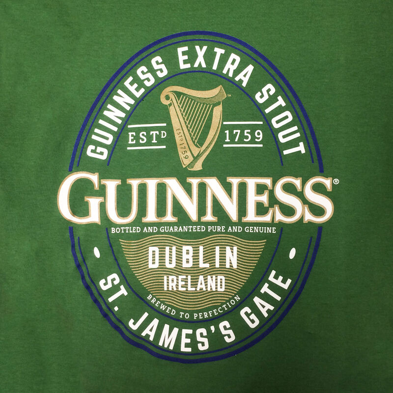 Guinness T-Shirt With Dublin Ireland St. James's Gate Label, Sage & Navy Colour